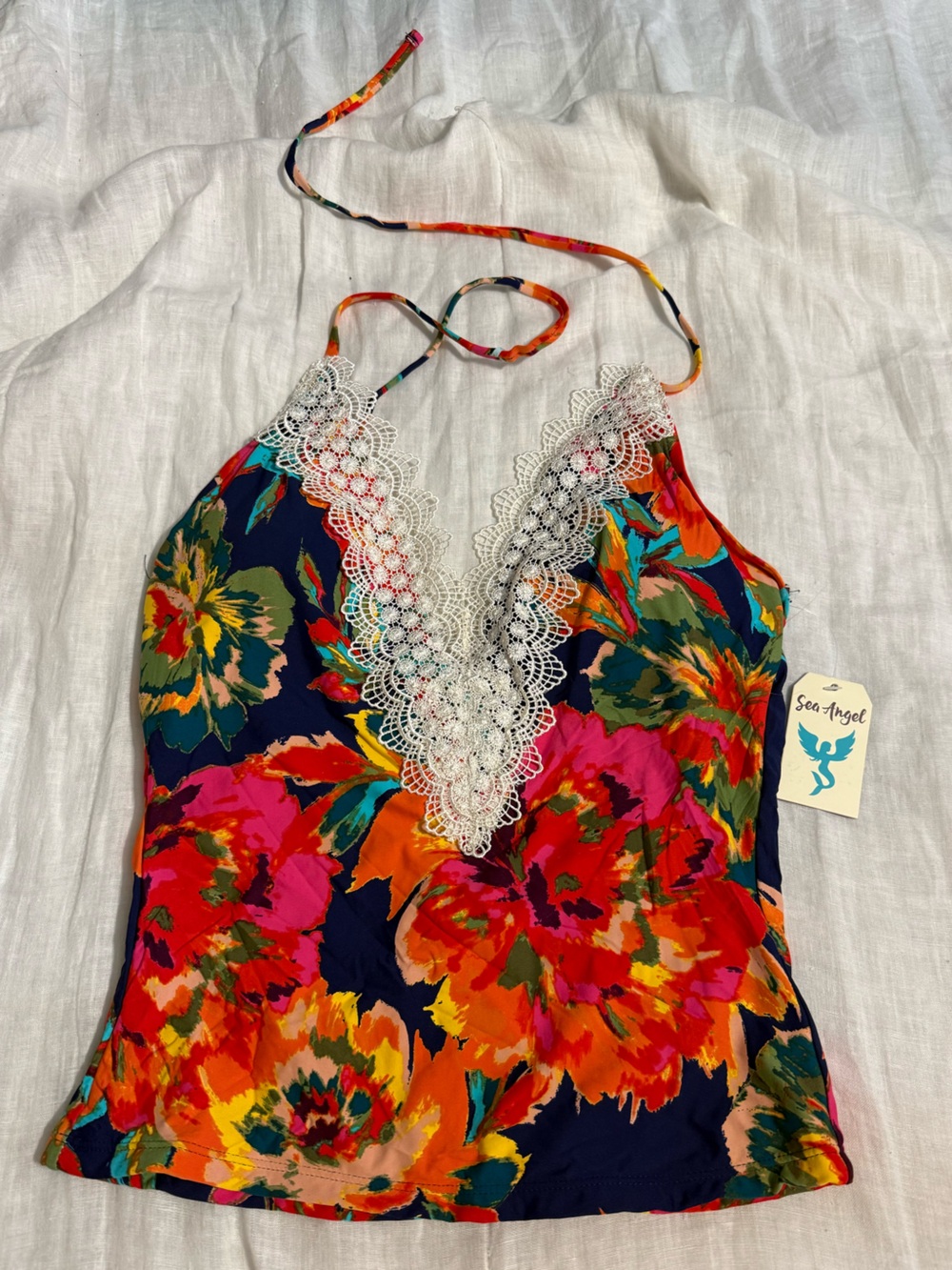 Sea Angel Floral Lace-Trim Tankini Top Swimsuit, NWT